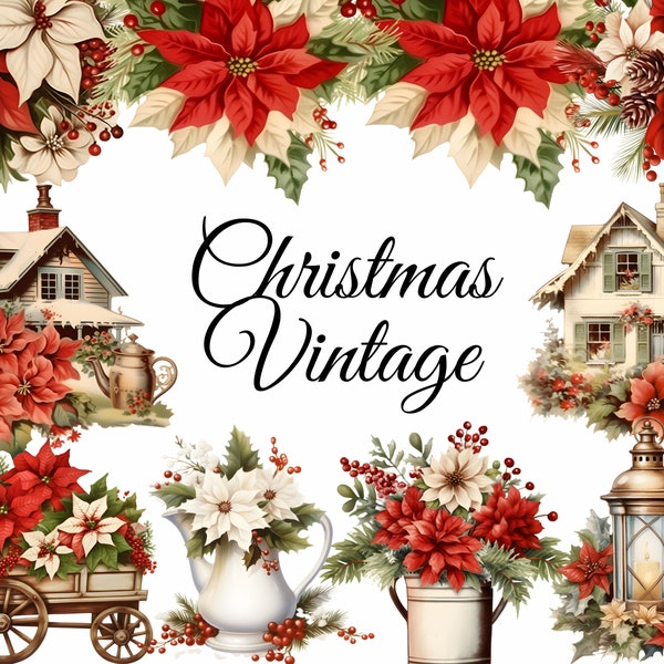 Christmas Vintage Clipart - Retro Christmas Clipart, Holiday Clipart, Red Vintage Art, Christmas Flower Clipart, Christmas House Clipart