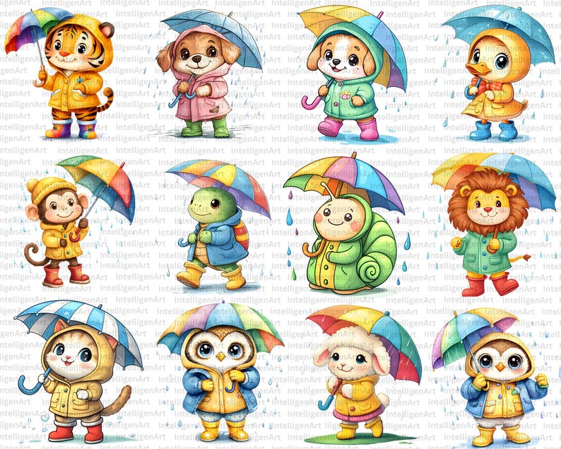 Rainy Day Animals Clipart, Safari Animals in Raincoats Clipart, Cute