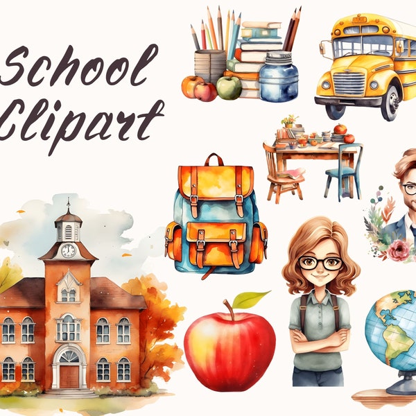 Watercolor School Clipart - Back to School Illustrations, School Kids Clipart, Cute School Supplies, Classroom Images, Student, School Bus