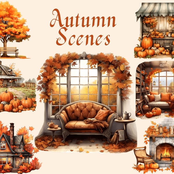 Autumn Scenes Clipart - Cozy Fall Clipart, Autumn Fall Graphics, Autumn Farmhouse Clipart, Autumn Landscapes Clipart, Pumpkin Clipart PNG