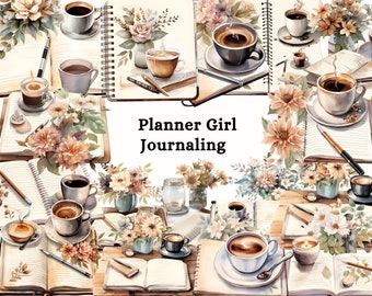 Planner Girl Clipart - Coffee and Journaling Clipart, Coffee Scene Clipart, Books and Coffee, Cafe Graphics, Junk Journaling, Commercial Use