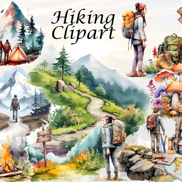 Wandern Clipart - Landschaft Clipart, Wanderer Clipart, Wandern Illustrationen, Reise Clipart, Berg Clipart, Camping Clipart, Natur Clipart