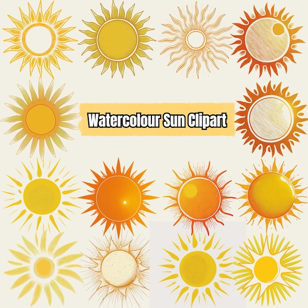 Watercolour Sun Clipart Warm sun png digital Sun clip art, Graphics Orange Yellow Sun clip art Digital Commercial Use Instant Download