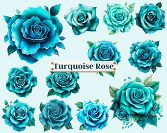 97 Turquoise Rose Bud Flower Clipart - Ocean Teal and Blue Watercolor Floral Clip Art, Turquoise Bouquets, Summer Flowers-Commercial Use PNG