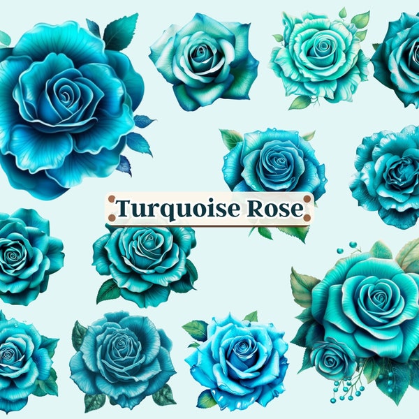 97 Turquoise Rose Bud Flower Clipart - Ocean Sarcelle et Bleu Aquarelle Floral Clip Art, Bouquets Turquoise, Fleurs d’été-Utilisation commerciale PNG