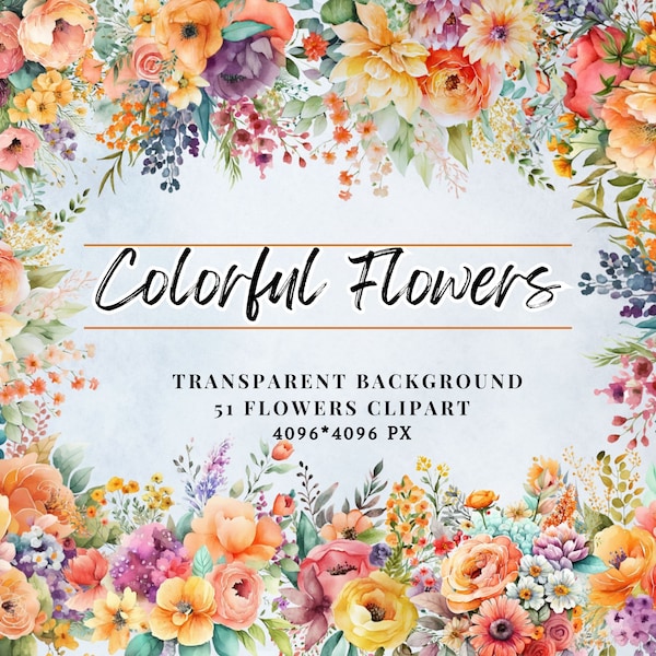 Bright Watercolor Floral Clipart-Summer/Spring Illustrations-Colorful Bouquets, Wreaths, Elements-Flower Border Bouquet-Commercial Use PNG