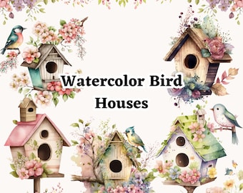 Acuarela Bird Houses Clipart Set Cute Springtime Blossoms y Birdhouses Decoración floral PNG para uso comercial para bodas y jardines