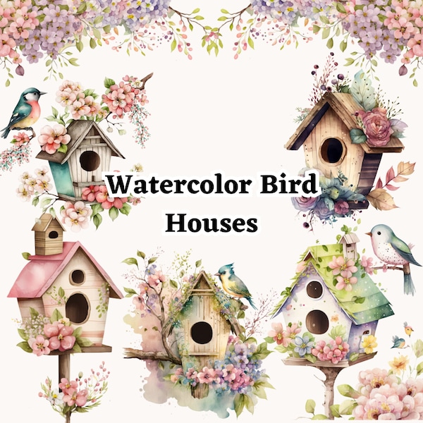 Watercolor Bird Houses Clipart Set Cute Springtime Blossoms and Birdhouses Floral Decor PNG for Commercial Use  for Weddings and Gardens