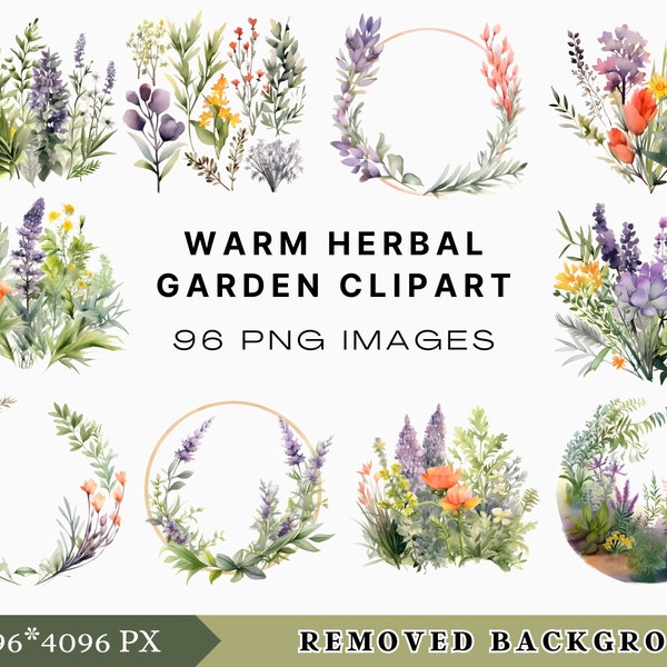 Herbal Garden Clipart - Fresh Herbs PNG, Wreath Clipart, Botanical Clipart, Herb Flower, Wedding Invitation, Foliage Clipart, Rustic Plants