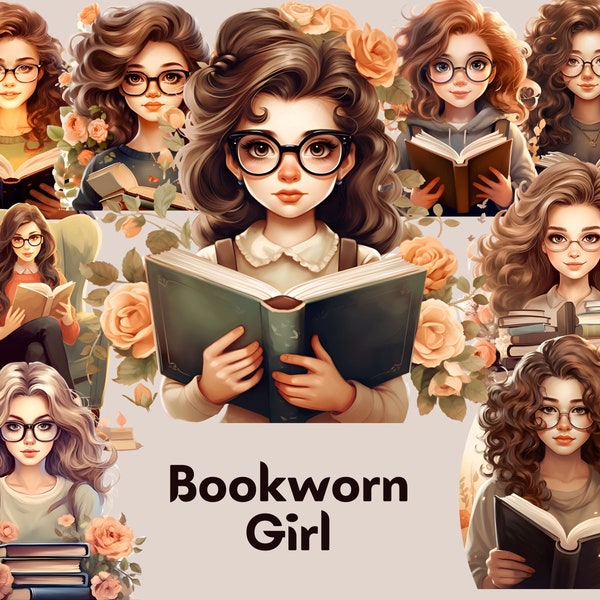 Bookworm Girl Clipart - Bookworm Reading Clipart, Library Illustrations, Book Lover, Reading Girl Graphics, Cute Storybook, Junk Journal Art