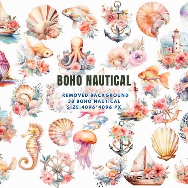 Boho Nautical Clipart - Marine Clipart, Watercolor Ocean Beach Clip art, Boho Ocean Theme Clipart, Ocean Beach Clip art - Commercial use PNG