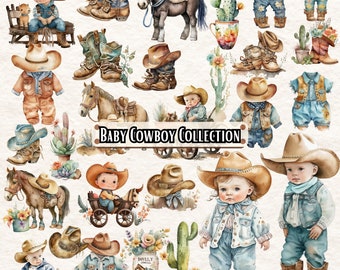 Baby Cowboy Watercolor Clipart Bundle, Boy with Horse Sublimation PNG, Western Nursery Art, Instant Download for Baby Shower, Commercial Use