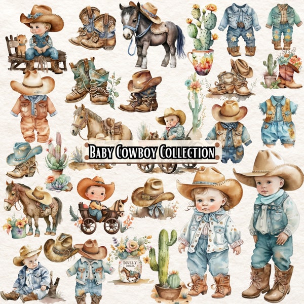 Baby Cowboy Watercolor Clipart Bundle, Boy with Horse Sublimation PNG, Western Nursery Art, Instant Download for Baby Shower, Commercial Use