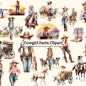 40 Cowgirl Clipart Watercolor Wild West Western Farm Bundle for Card Making, Scrapbook, Junk Journal, Paper Crafts PNG, Digital Download