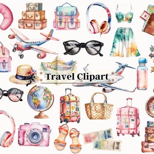 Travel Clipart-Watercolor Summer Vacation-Suitcase, Luggage, Backpack, Airplane, Sunglasses, Globe-Holiday Traveling, Adventure Tourism PNG