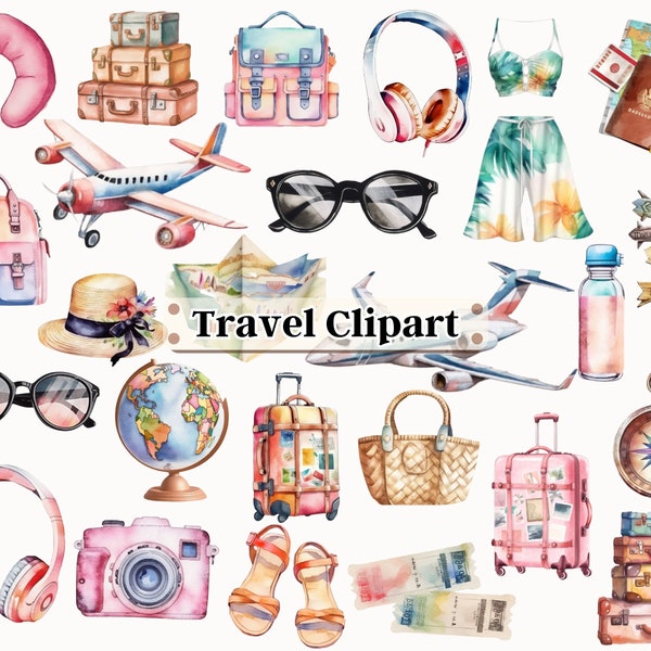 Reizen clipart-aquarel zomervakantie-koffer, bagage, rugzak, vliegtuig, zonnebril, globe-vakantie reizen, avontuurlijk toerisme PNG