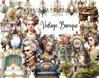 Baroque Vintage Clipart - Baroque Furniture, Vintage Clock, Vintage Furniture Illustrations, Antique Clipart, Old Fashion Clipart, Scrapbook