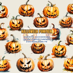 Watercolor Halloween Pumpkin Clipart PNG Pumpkin Jack O Lantern Png, Cute Halloween Clip Art, Spooky Pumpkin Png Commercial Use PNG image 1