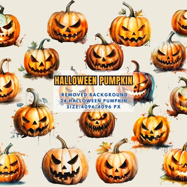 Watercolor Halloween Pumpkin Clipart PNG - Pumpkin Jack O Lantern Png, Cute Halloween Clip Art, Spooky Pumpkin Png - Commercial Use PNG