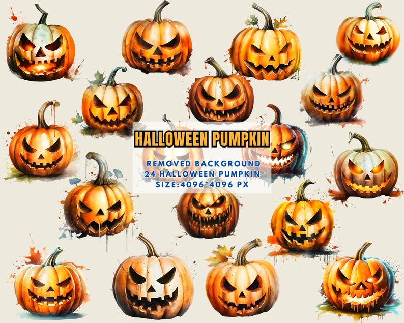 Watercolor Halloween Pumpkin Clipart PNG Pumpkin Jack O Lantern Png, Cute Halloween Clip Art, Spooky Pumpkin Png Commercial Use PNG image 1