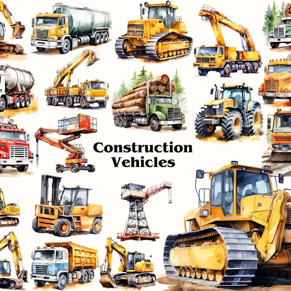 Construction Vehicles Clipart, Yellow Bulldozer Clipart, Dump Truck, Cement Truck, Construction Truck Clipart, Commercial Use Digital PNG