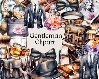 Gentleman Clipart - Bachelor Party Clipart, Suit & Tie, Whisky, Cigar, Gentlemen Party, Tuxedo Clipart, Wedding Groom Clipart, Digital Art