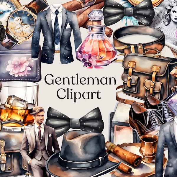 Gentleman clipart-wieczór kawalerski clipart, garnitur i krawat, whisky, cygaro, panowie party, smoking clipart, ślub pana młodego clipart, sztuka cyfrowa