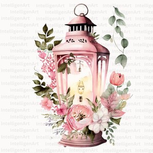 Watercolor Cottagecore Lanterns with Floral Designs Lamps Clipart PNG Antique Lamp Instant Download for Commercial Use Victorian Lamp image 6