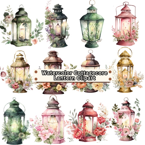 Watercolor Cottagecore Lanterns with Floral Designs Lamps Clipart PNG Antique Lamp Instant Download for Commercial Use Victorian Lamp