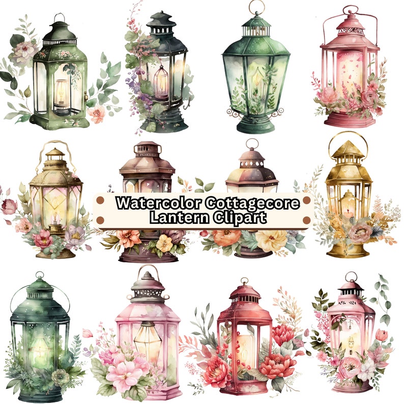 Watercolor Cottagecore Lanterns with Floral Designs Lamps Clipart PNG Antique Lamp Instant Download for Commercial Use Victorian Lamp image 1