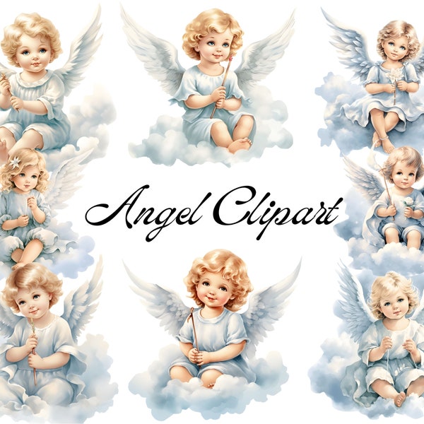 Baby Angel Watercolor Clipart, Angelic Christian Clipart, Angel Wings, Baptism Gifts, Holy PNG, Baby Shower, Nursery Decor, Commercial Use