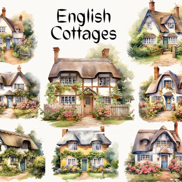 English Cottages Clipart - Farmhouse Clipart, Cottage Core Clipart, Country House Art, Country Cottages, Vintage House Clipart, Cottage PNG