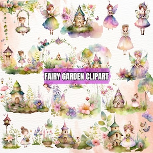 Enchanted Fairy Garden Watercolor Clipart, Magical Fairies and Forest Graphics, Cute Fairy Images, Nursery Clipart, Digital Download, PNG