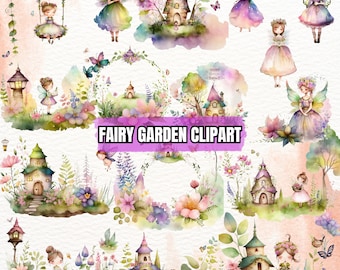 Enchanted Fairy Garden Clipart aquarelle, fées magiques et graphiques de forêt, images de fées mignonnes, pépinière Clipart, téléchargement numérique, PNG