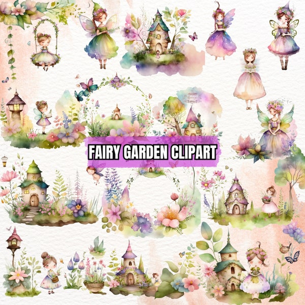 Betoverde Fairy Garden aquarel clipart, magische feeën en bos graphics, schattige Fairy beelden, kwekerij clipart, digitale download, PNG