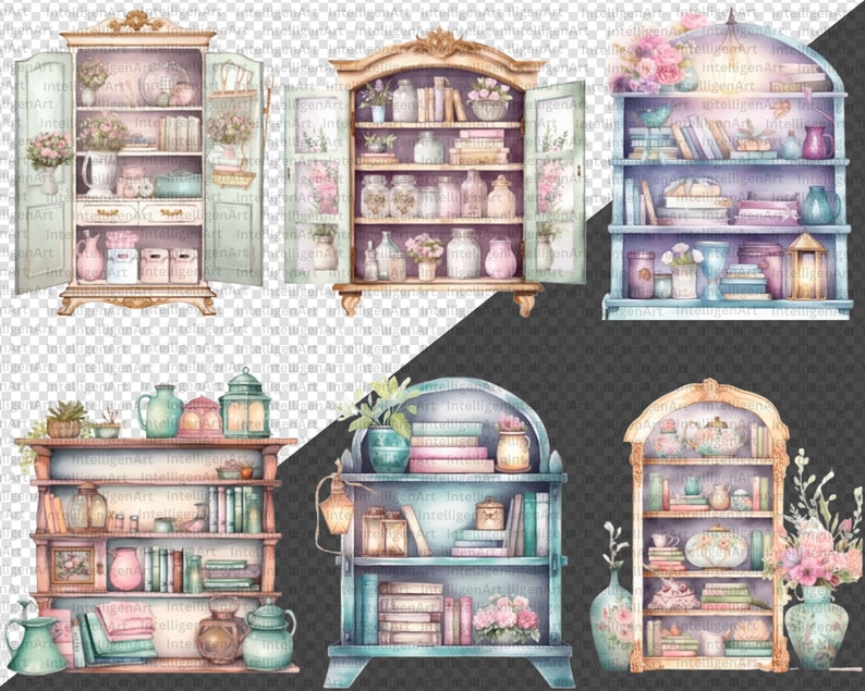 Cottagecore Shelves Clipart Watercolor Vintage Bookshelf Etsy