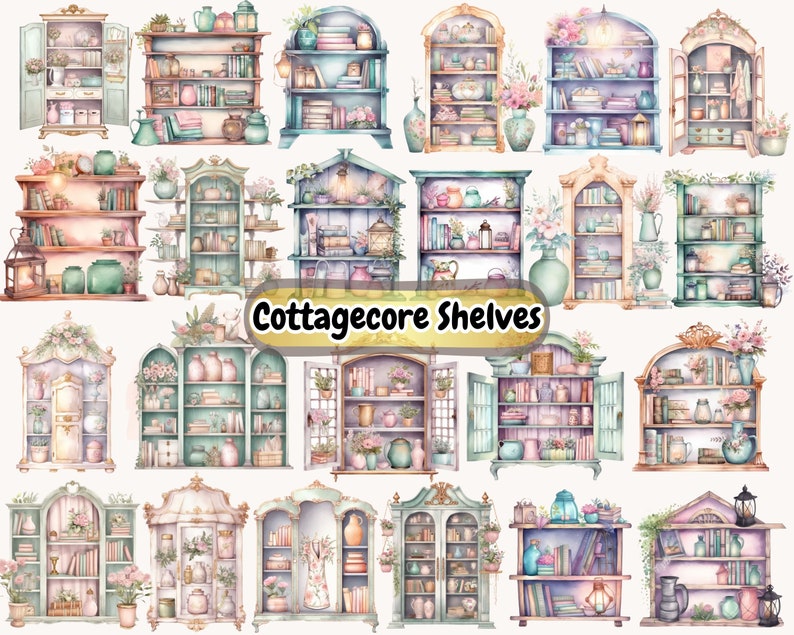 Cottagecore Shelves Clipart Watercolor Vintage Bookshelf Etsy