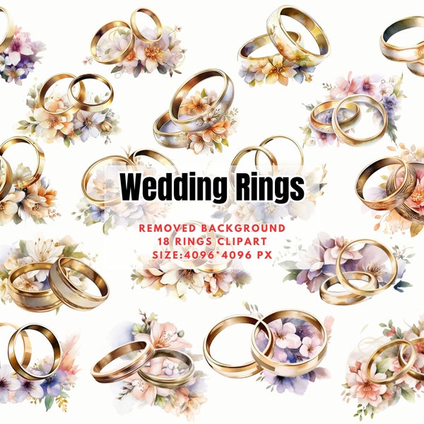 Gold Wedding Ring Clipart - Watercolor Wedding, Gold bands, Wedding Bands, Floral Rings,Elegant wedding,Romantic Clipart-Commercial Use PNG