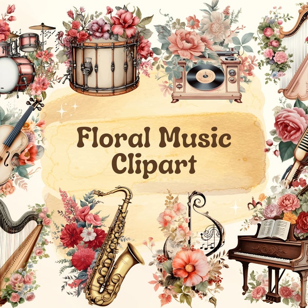 Floral Music Clipart, Musical Instruments, Guitar Clipart, Piano Graphics, Orchestra Clipart, Scrapbooking, Digital Download, Commercial Use