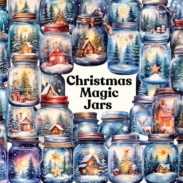 Christmas Magical Jars Clipart - Festive Mason Jars Clipart, Magic Potion Jars, Winter Holiday Decor, Christmas Scrapbooking, Digital Art