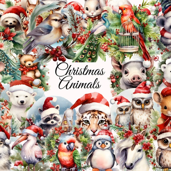 Christmas Animals Clipart - 400+ Christmas Clipart Animals, Santa Hat Animals PNG, Christmas Animals Ornaments, Woodland Winter Animal PNG