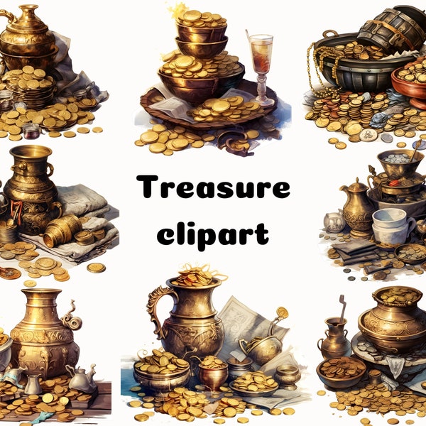 Treasure Clipart - Pirate Treasure Clipart, Gold Coin Clipart, Treasure Chest Illustrations, Pot Of Gold Clipart, Treasure Hunt Clipart PNG