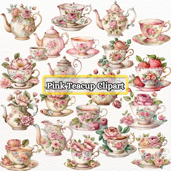 Watercolor Vintage Pink Teacup Clipart-Antique Pink and Flower Designs for Tea Time Art, Scrapbooking-Instant Download and Commercial Use