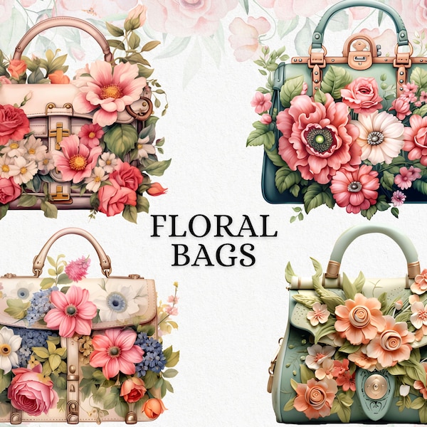 Floral Handbag Clipart, Floral Purse Clipart, Fashion Bags Clipart, Floral Clutch Digital Download, Womens Bag Accessories Illustrations
