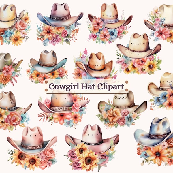 Country Cowgirl Hat Clipart-Watercolor Hats with Flowers, Wild Western, Floral Hat, Cowgirl Hat Flowers PNG,Artwork Clip Art-Commercial Use