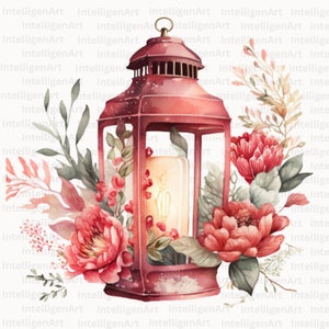 Watercolor Cottagecore Lanterns with Floral Designs Lamps Clipart PNG Antique Lamp Instant Download for Commercial Use Victorian Lamp image 5