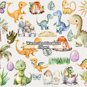 Watercolor Dinosaur Clipart Collection - Nursery Clipart, Dinosaur Birthday Party Decor, Stickers, Baby Shower, PNG, Baby Boy Nursery Decor