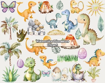 Aquarelle dinosaure Clipart Collection - Nursery Clipart, décor de fête d’anniversaire de dinosaure, autocollants, Baby Shower, PNG, bébé garçon Nursery Decor