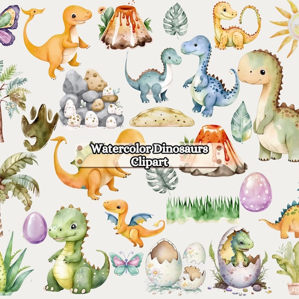 Aquarell Dinosaurier Clipart Sammlung - Kinderzimmer Clipart, Dinosaurier Geburtstag Party Dekor, Aufkleber, Babyparty, PNG, Baby Junge Kinderzimmer Dekor