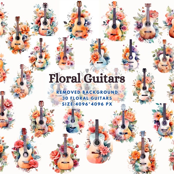 Floral Guitar Clipart, Floral Musical Instruments, Music Clipart, Vintage Guitar with Flowers, Western Guitar Png, Digital Instant Download